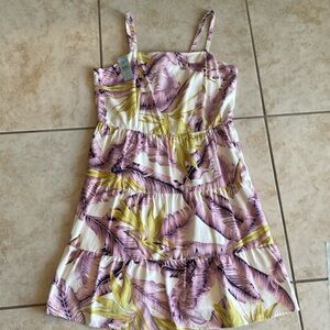 LOFT White Mini Dress with Pink and Yellow Leaf Print Tiered Skirt